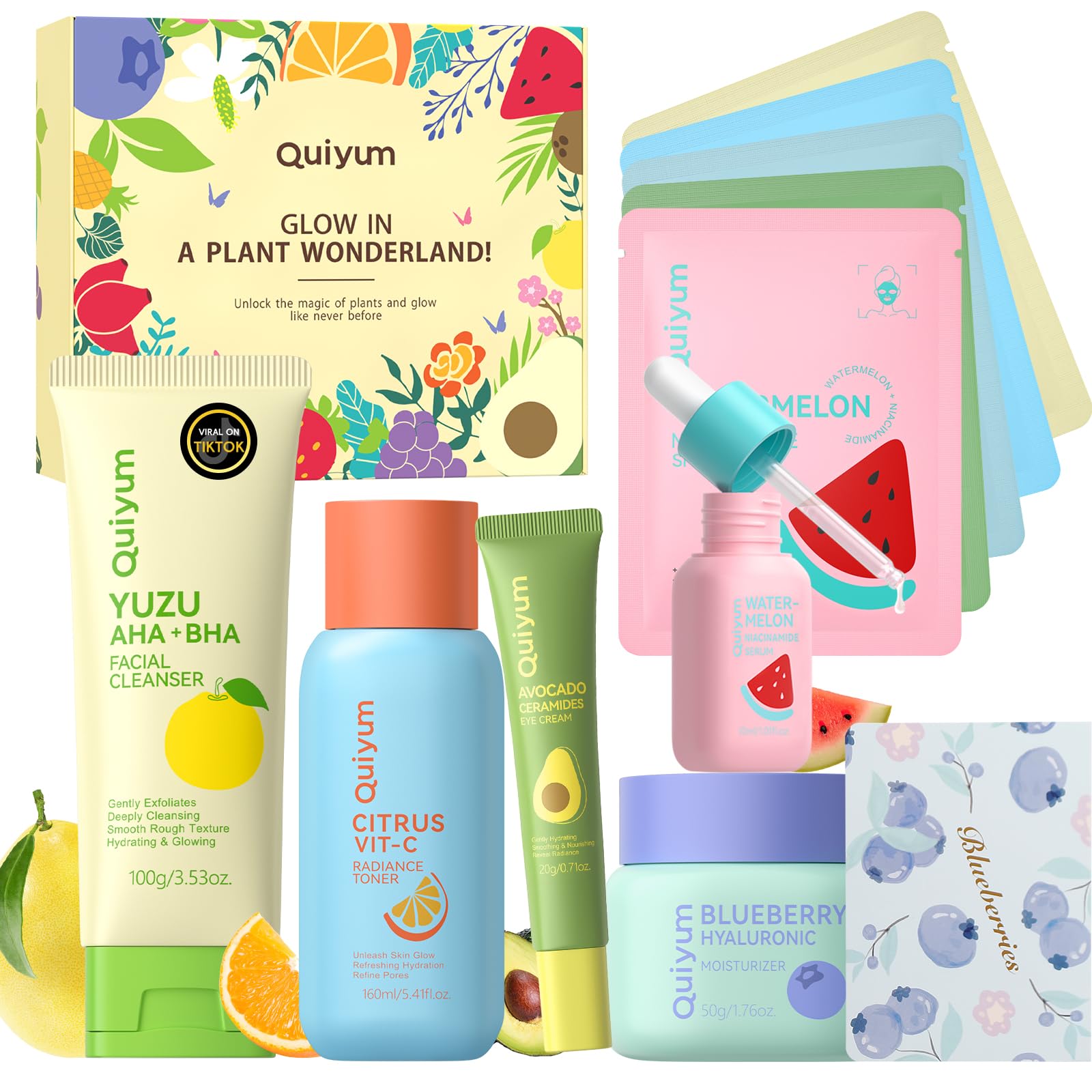 QUIYUM Fruit Skincare for Teens, 5 Daily Routine Beauty Skin Care Sets - Exfoliating, Smooth, Clean, Oil Control, Firm, Hydrating, Glow Up, Facial Skincare Gift Set for Girls, for All Skin Types