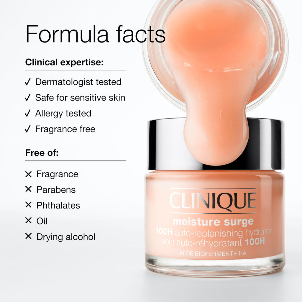 Clinique Moisture Surge 100H Auto-Replenishing Hydrator Oil Free Face Moisturizer | With Hyaluronic Acid, Aloe Bioferment and Vitamins C + E | For All Skin Types | Hydrating + Moisturizing